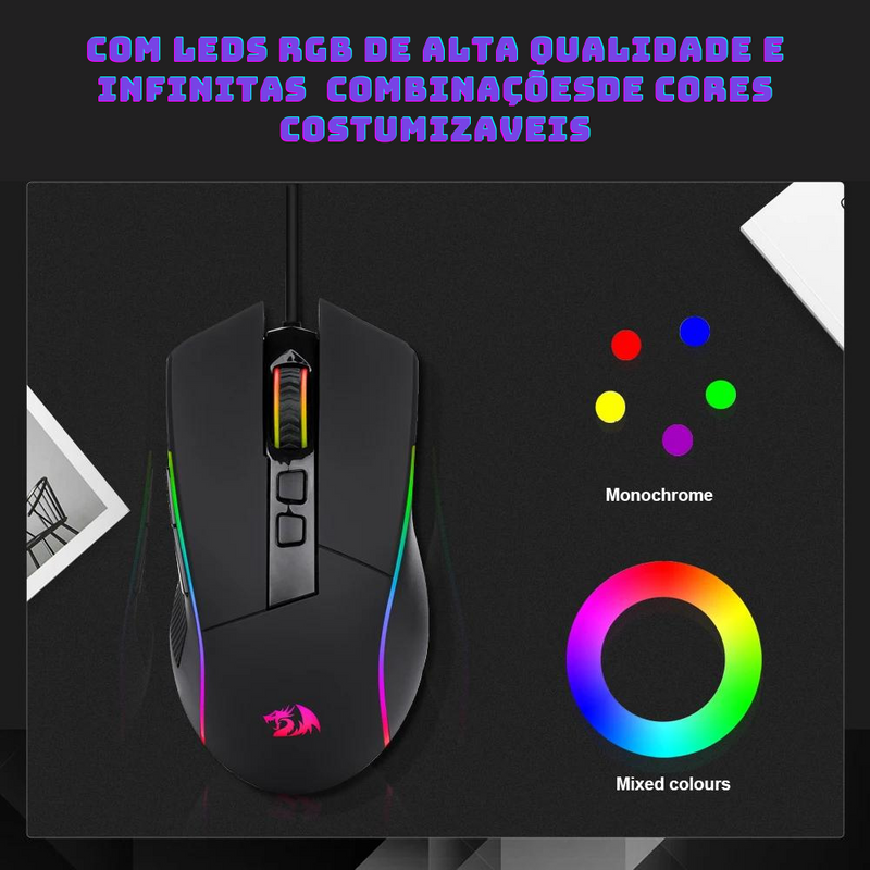 REDRAGON WolfGrip G105 RGB Mouse - 4000 DPI, 8 botões programáveis, ergonomico para PC Gamer