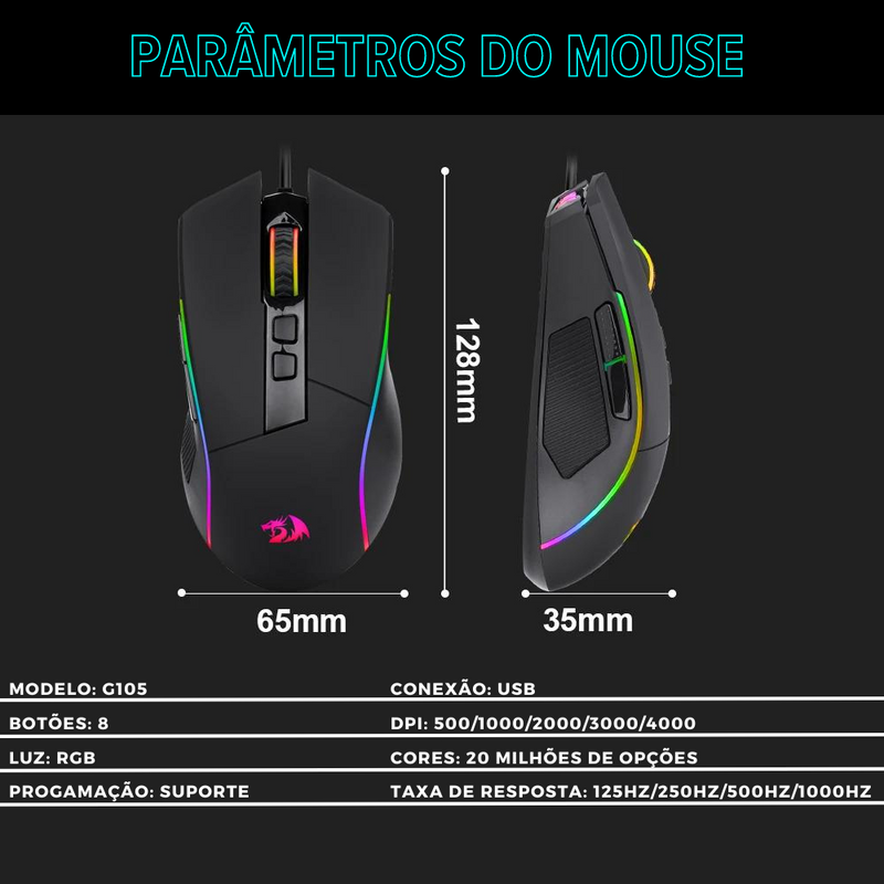 REDRAGON WolfGrip G105 RGB Mouse - 4000 DPI, 8 botões programáveis, ergonomico para PC Gamer